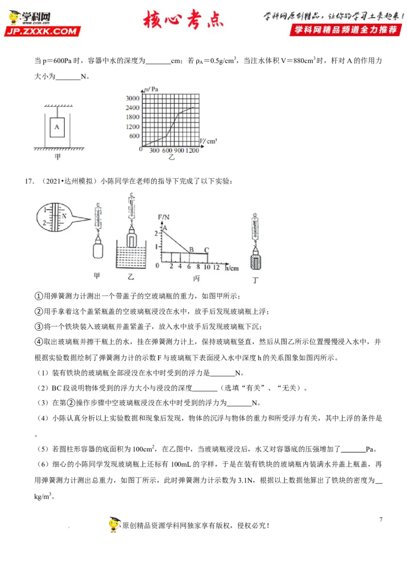 专题21压强与浮力综合（原卷版）-2022年中考物理二轮专项复习核心考点突破与必刷题型汇编（全国通用）_8、物理总复习_8.中考物理总复习_2022年中考复习资料