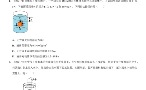 专题21压强与浮力综合（原卷版）-2022年中考物理二轮专项复习核心考点突破与必刷题型汇编（全国通用）_8、物理总复习_8.中考物理总复习_2022年中考复习资料