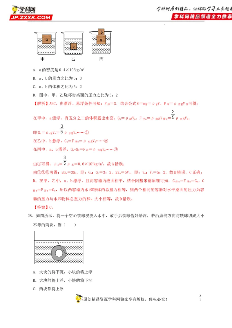 第10章浮力（解析版）_8、物理总复习_8.中考物理总复习_2022年中考复习资料_2022年中考物理一轮复习知识点梳理与针对性分层训练（人教版）265897621