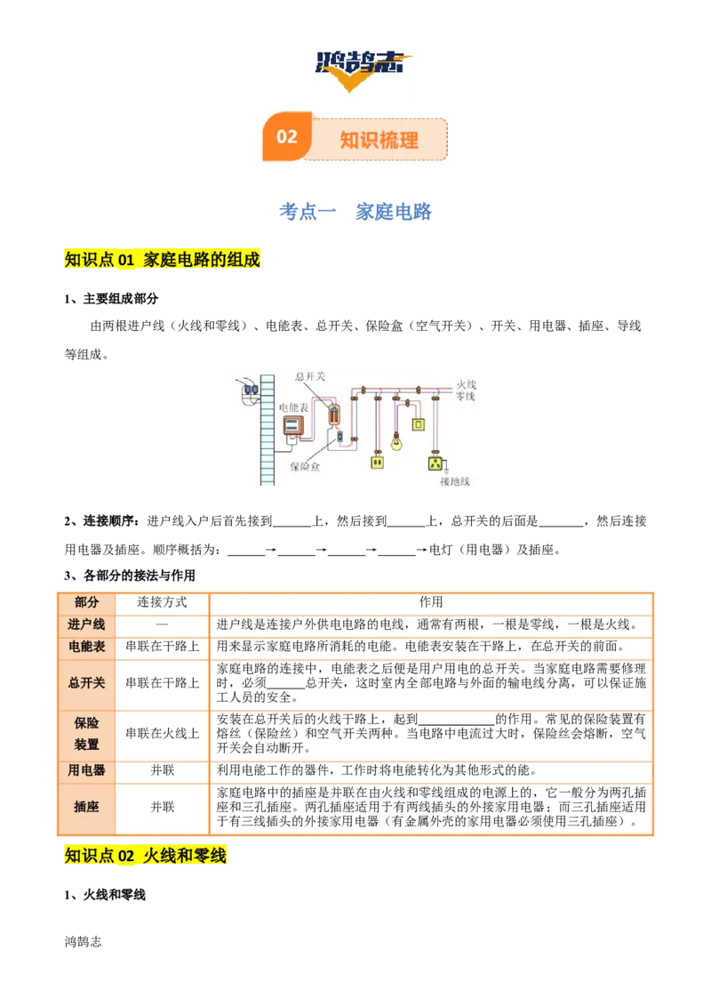 专题17生活用电（3大模块知识清单+5个易混易错+4种方法技巧+典例真题精析）（原卷版）_8、物理总复习_物理一轮复习