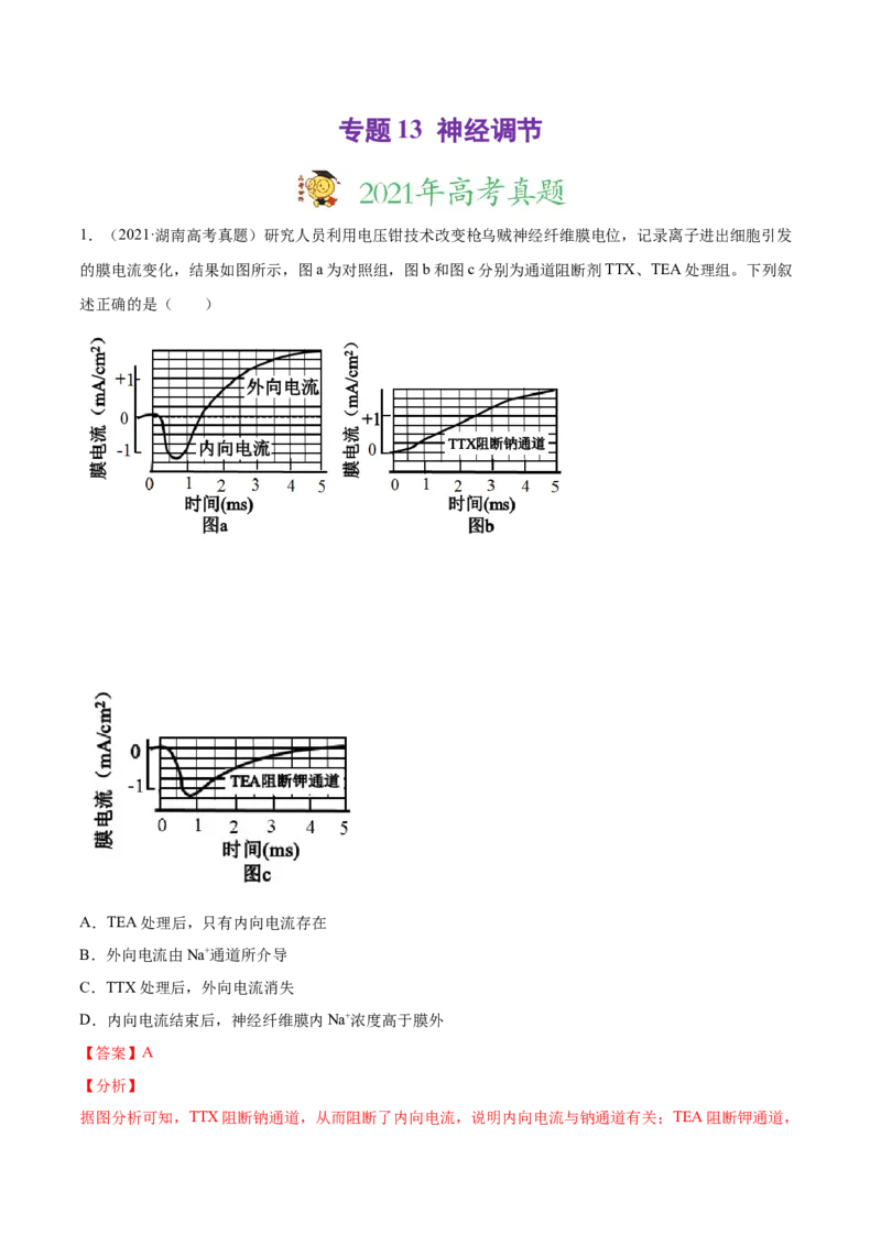 专题13神经调节-2021年高考真题和模拟题生物分项汇编（解析版）_新高考复习资料_2022年新高考复习资料_2021年高考真题和模拟题生物分项汇编7.30更新