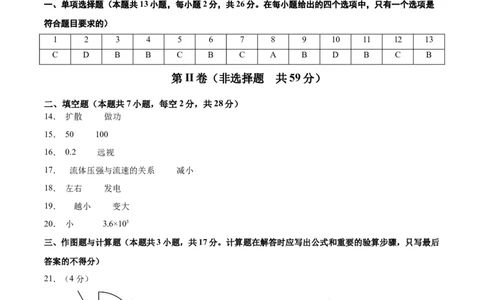 物理（成都卷）参考答案及评分标准_8、物理总复习_2024中考模拟题物理_三模（37套）_物理（成都卷）