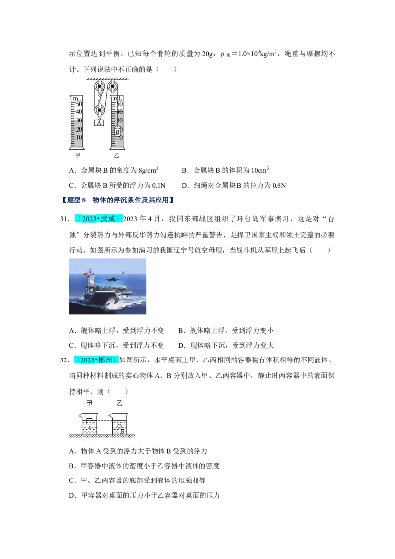 挑战03单选题（力与压强综合39题）（原卷版）_8、物理总复习_2024年中考复习资料_专项复习资料_❤备战2024年中考物理真题《压轴挑战》分类汇编