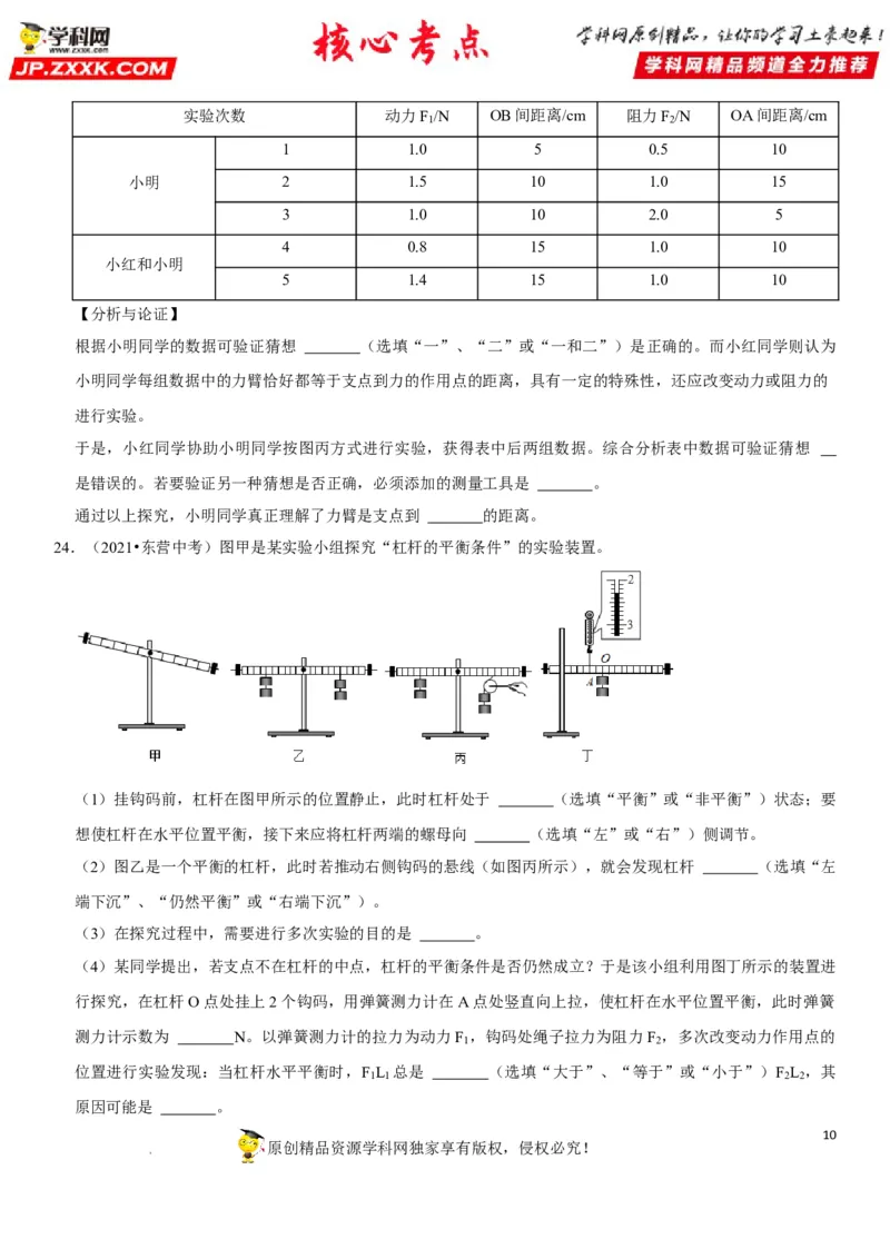 专题24杠杆平衡分析及应用（原卷版）-2022年中考物理二轮专项复习核心考点突破与必刷题型汇编（全国通用）_8、物理总复习_8.中考物理总复习_2022年中考复习资料