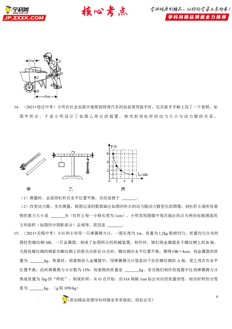 专题24杠杆平衡分析及应用（原卷版）-2022年中考物理二轮专项复习核心考点突破与必刷题型汇编（全国通用）_8、物理总复习_8.中考物理总复习_2022年中考复习资料