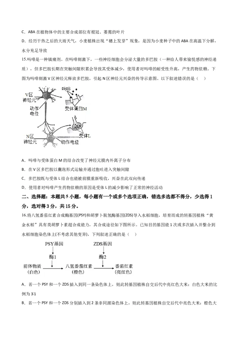 黄金卷03（考试版）-赢在高考&middot;黄金8卷备战2024年高考生物模拟卷（山东专用）_2024年新高考资料_4.2024高考模拟预测试卷