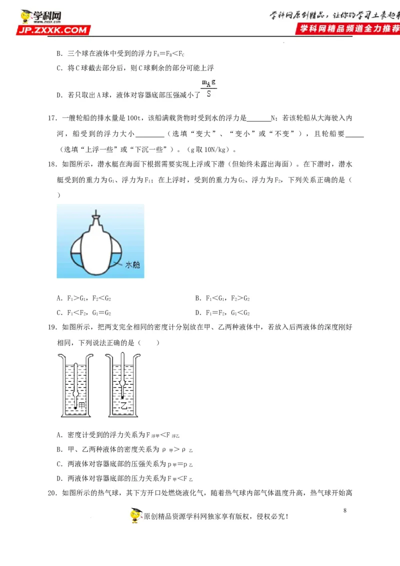 第10章浮力（原卷版）_8、物理总复习_8.中考物理总复习_2022年中考复习资料_2022年中考物理一轮复习知识点梳理与针对性分层训练（人教版）265897621