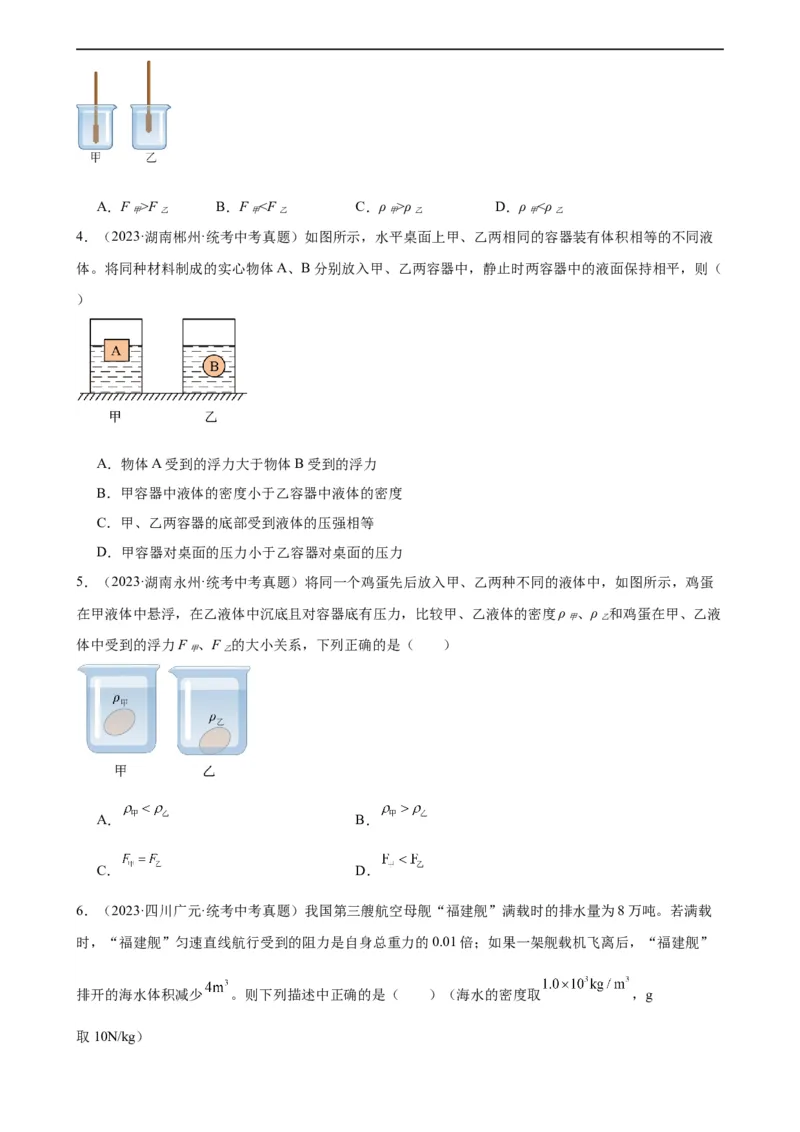 浮力、压强与密度综合专项训练（学生版）_8、物理总复习_2024年中考复习资料_专项复习资料_完三年（2021&mdash;2023）中考真题分项精编（全国通用）_专项训练