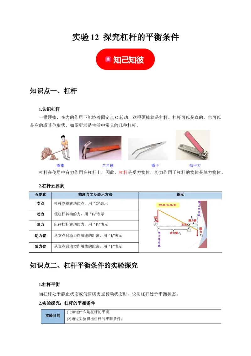 实验12探究杠杆的平衡条件（解析版）_8、物理总复习_2024年中考复习资料_二轮复习_（讲义+练习）2024年中考物理二轮题型专项复习