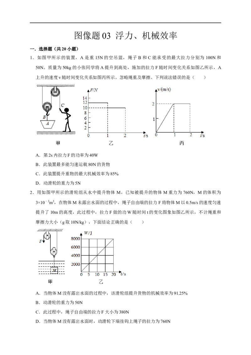 图像题03浮力、机械效率（原卷版）_8、物理总复习_8.中考物理总复习_2023年中考复习资料_二轮复习_2023年中考物理二轮题型专项复习（全国通用）