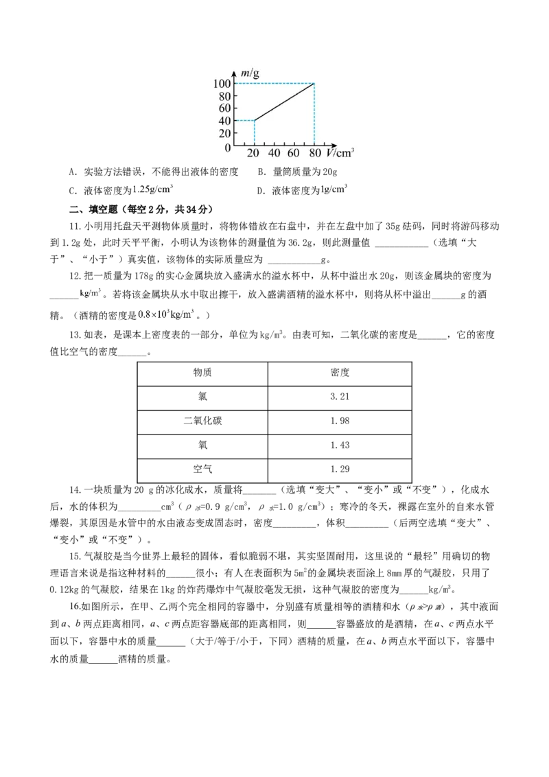 专题07质量和密度（测试）（原卷版）_8、物理总复习_2024年中考复习资料_一轮复习_课件+讲义+练习2024年中考物理一轮复习讲练测（全国通用）_配套练习（原卷版+解析版）