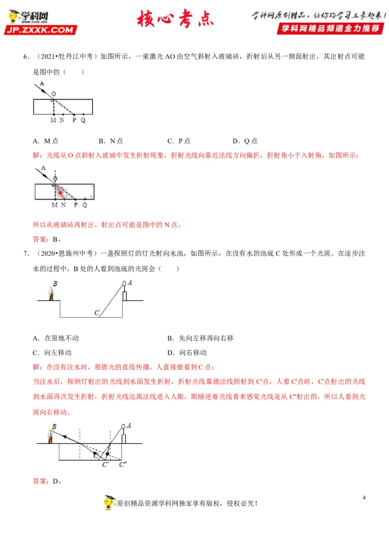 专题07光的折射特点及现象分析（解析版）-2022年中考物理二轮专项复习核心考点讲解与必刷题型汇编（全国通用）_8、物理总复习_8.中考物理总复习_2022年中考复习资料