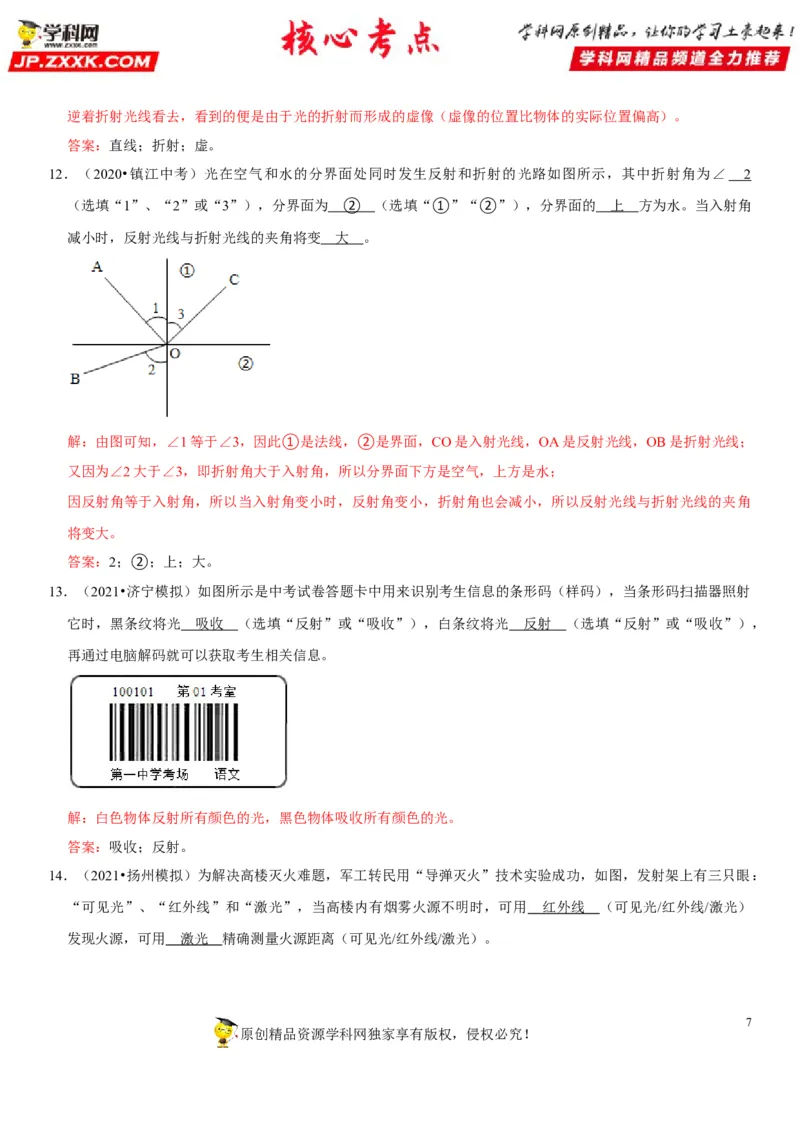 专题07光的折射特点及现象分析（解析版）-2022年中考物理二轮专项复习核心考点讲解与必刷题型汇编（全国通用）_8、物理总复习_8.中考物理总复习_2022年中考复习资料