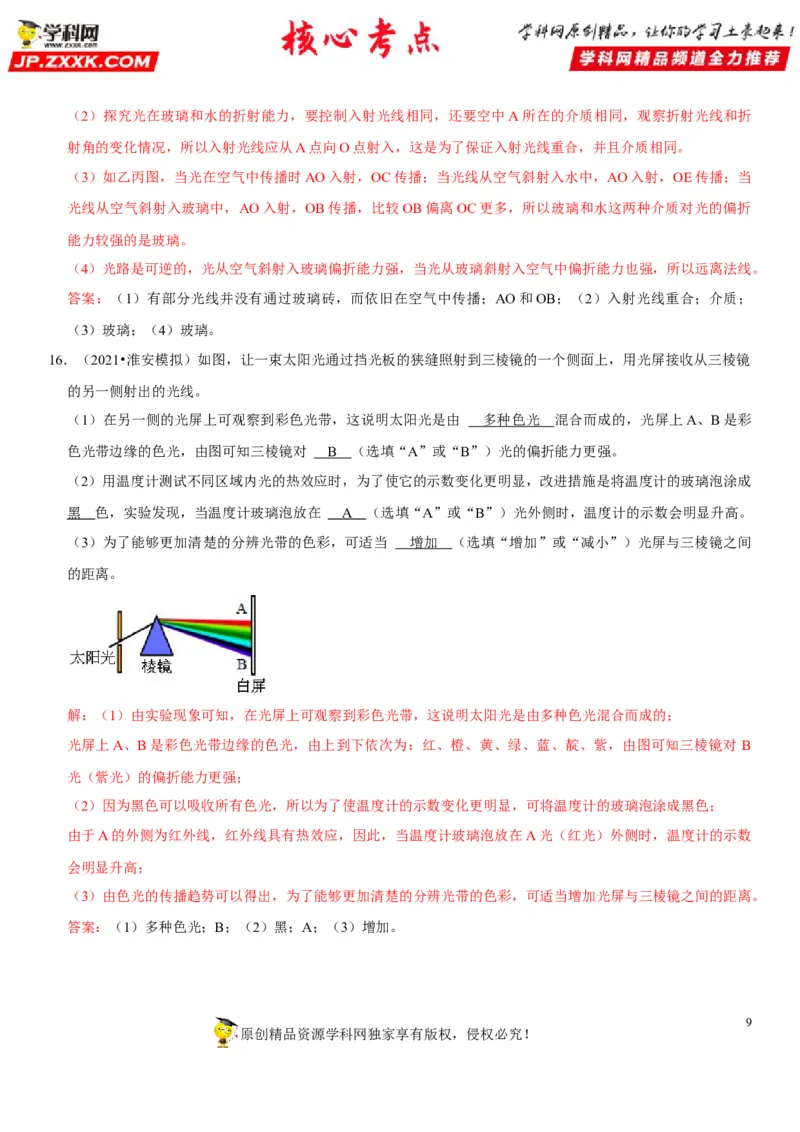 专题07光的折射特点及现象分析（解析版）-2022年中考物理二轮专项复习核心考点讲解与必刷题型汇编（全国通用）_8、物理总复习_8.中考物理总复习_2022年中考复习资料