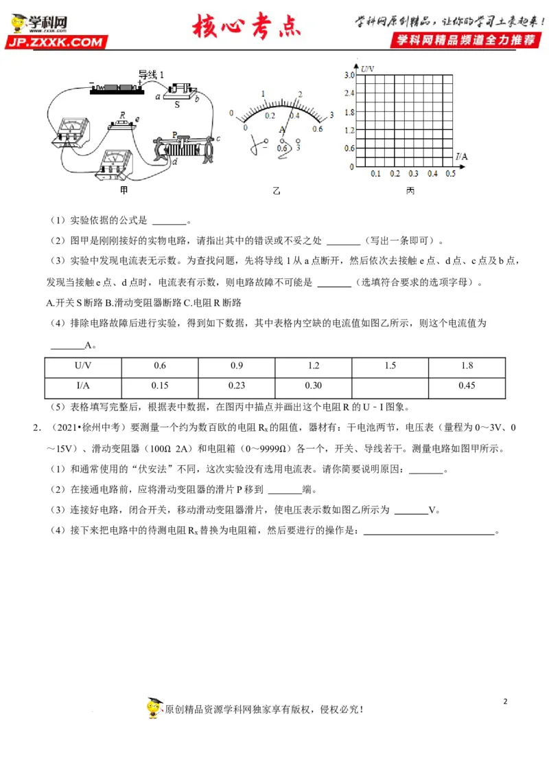 专题36测量未知电阻阻值（原卷版）-2022年中考物理二轮专项复习核心考点讲解与必刷题型汇编（全国通用）_8、物理总复习_8.中考物理总复习_2022年中考复习资料