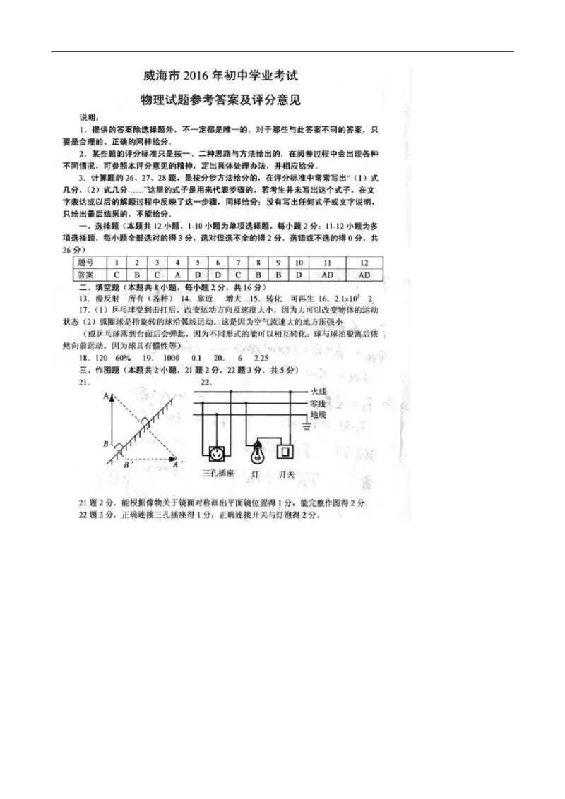 2016山东威海物理试卷+答案(word整理版)_山东历年中考真题_山东省历年中考真题2013~2024_初中物理历年真题（2013-2024）