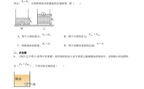 浮力、压强与密度综合专项训练（学生版）_8、物理总复习_8.中考物理总复习_2024年中考复习资料_专项复习资料_完三年（2021&mdash;2023）中考真题分项精编（全国通用）_专项训练