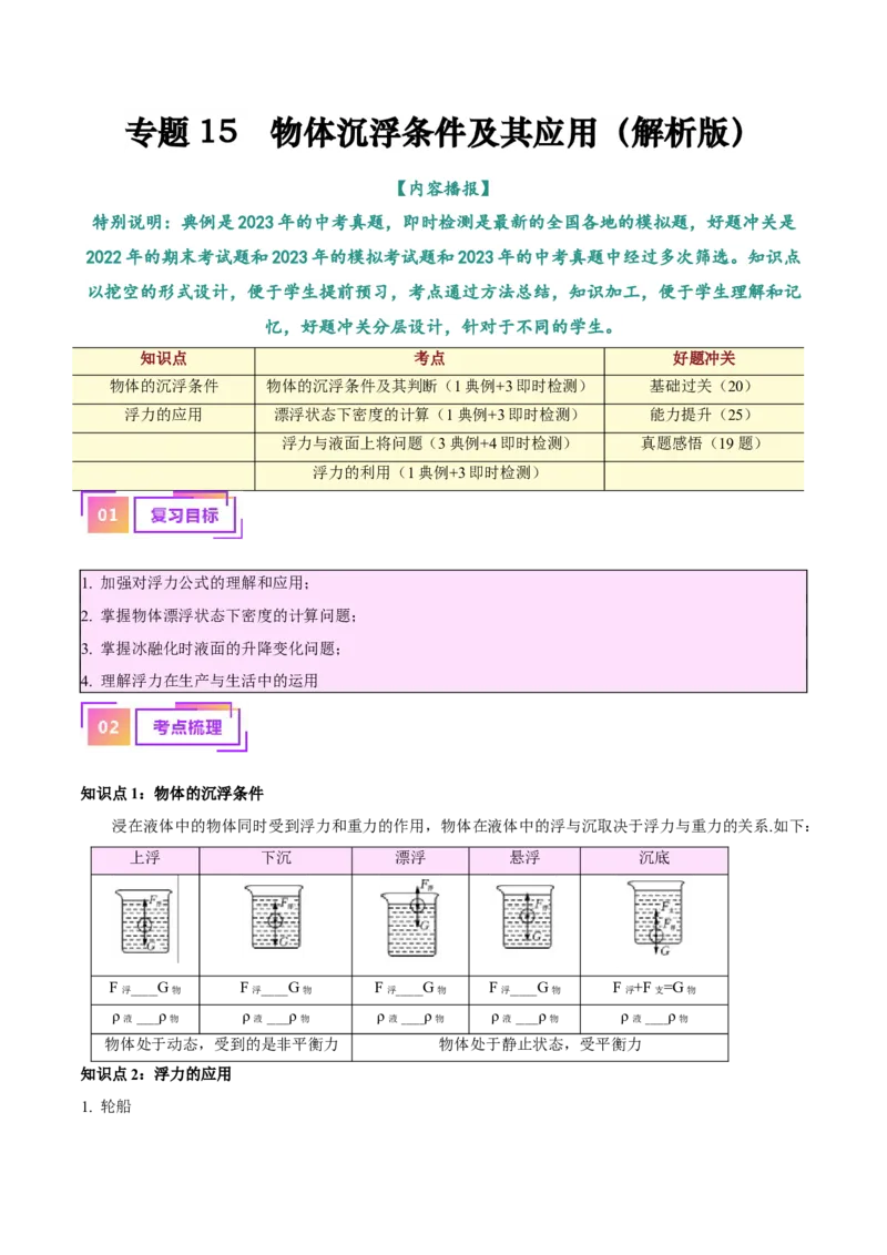 专题15物体沉浮条件及其应用（解析版）_8、物理总复习_8.中考物理总复习_2024年中考复习资料_一轮复习资料_完备战2024年中考物理一轮复习讲义练习（全国通用）