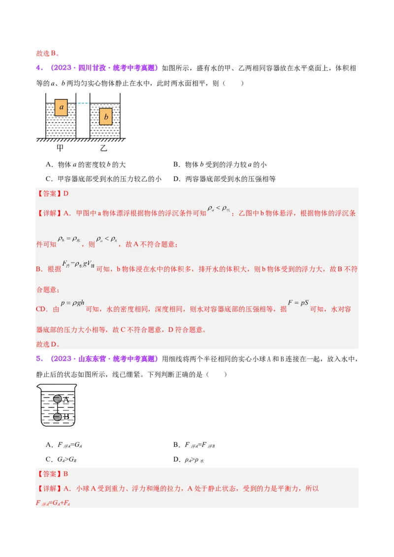 专题15物体沉浮条件及其应用（解析版）_8、物理总复习_8.中考物理总复习_2024年中考复习资料_一轮复习资料_完备战2024年中考物理一轮复习讲义练习（全国通用）