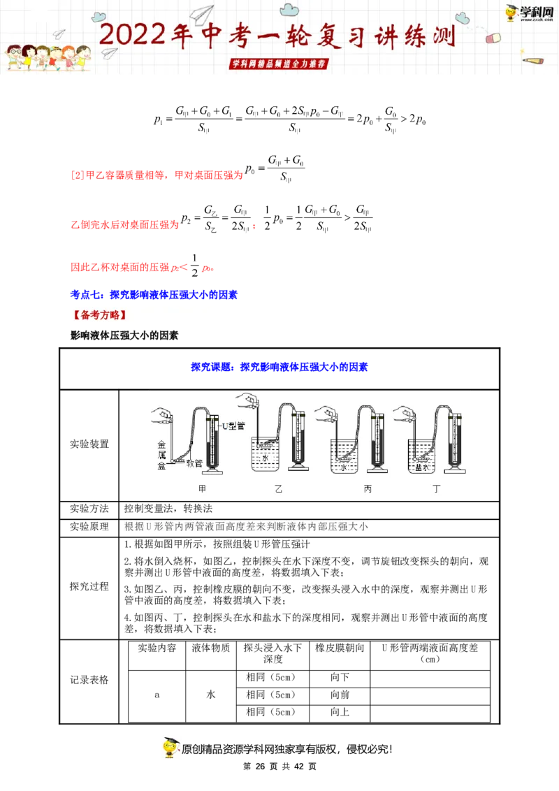 专题11压强（讲练）（解析版）-2022年中考一轮复习讲练测_8、物理总复习_8.中考物理总复习_2022年中考复习资料_2022年中考物理一轮复习讲练测264201163