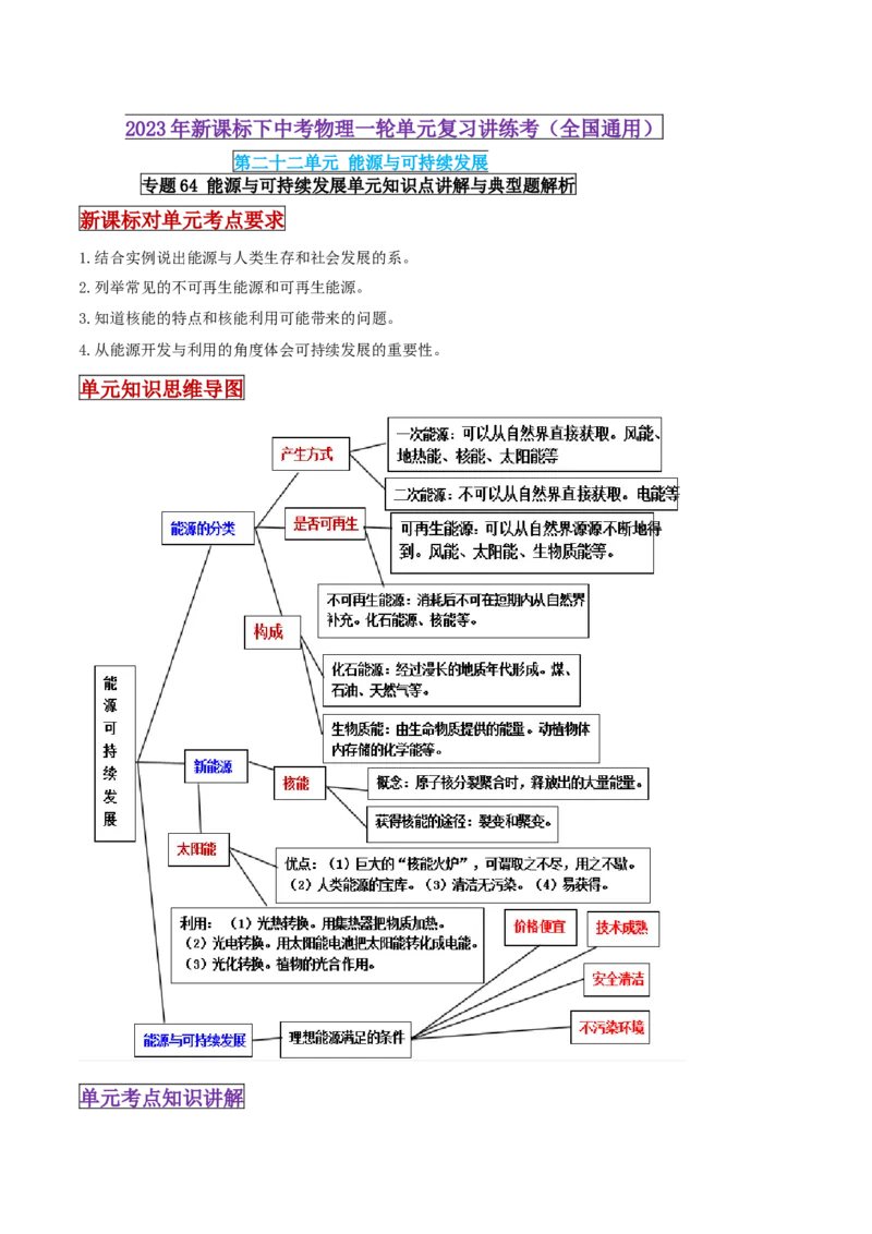专题64能源与可持续发展单元知识点讲解与典型题解析（解析版）_8、物理总复习_8.中考物理总复习_2023年中考复习资料_一轮复习_专题64能源与可持续发展单元知识点讲解与典型题解析