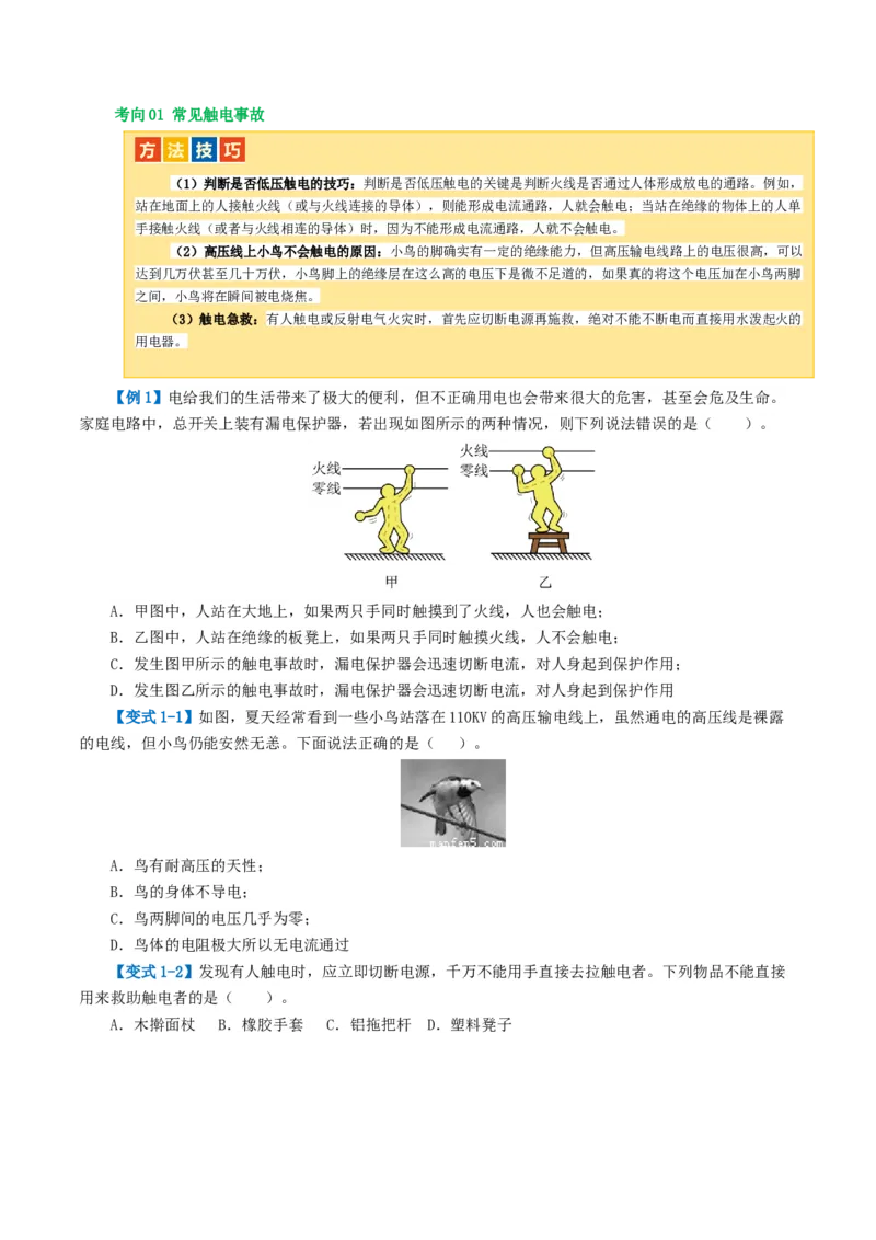 专题19生活用电（3考点+6考向）（讲义）（原卷版）_8、物理总复习_8.中考物理总复习_2024年中考复习资料_一轮复习资料_完2024年中考物理一轮复习课件+讲义+练习（全国通用）
