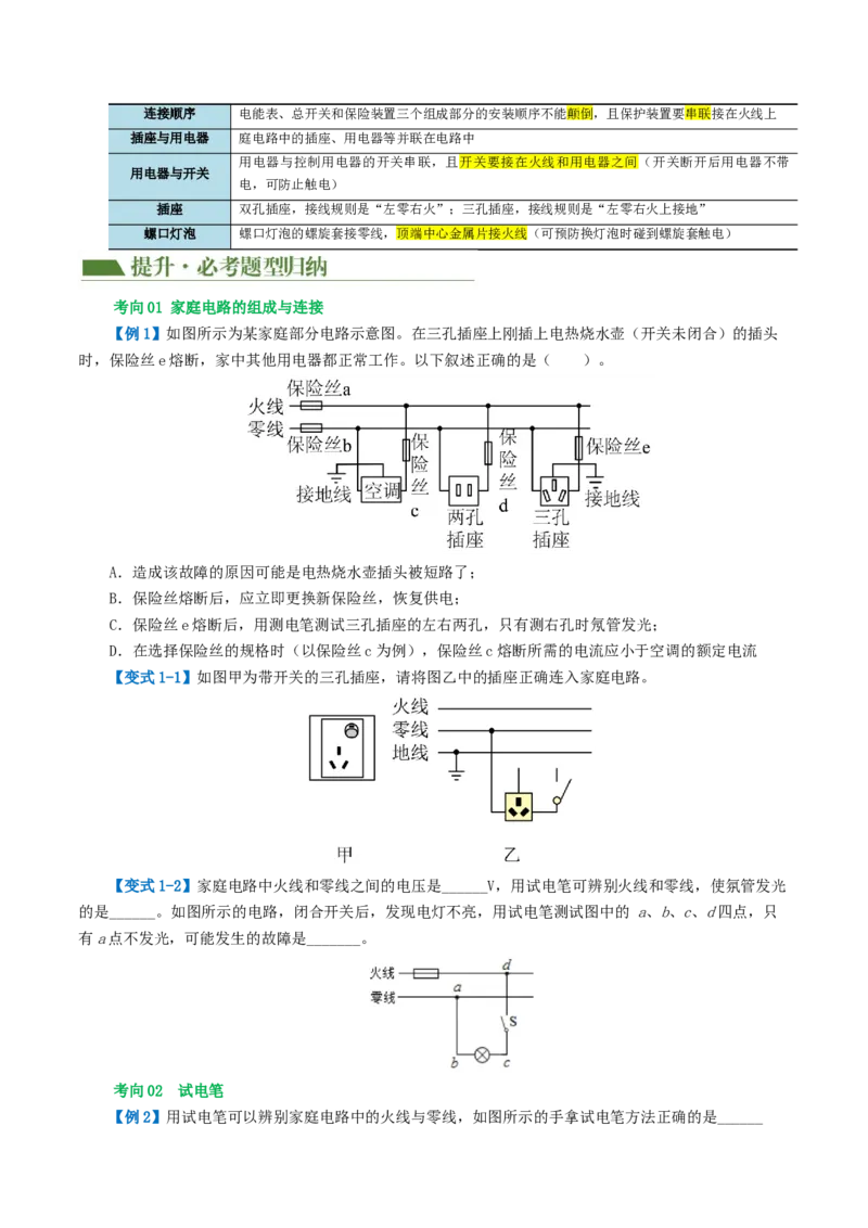 专题19生活用电（3考点+6考向）（讲义）（原卷版）_8、物理总复习_8.中考物理总复习_2024年中考复习资料_一轮复习资料_完2024年中考物理一轮复习课件+讲义+练习（全国通用）