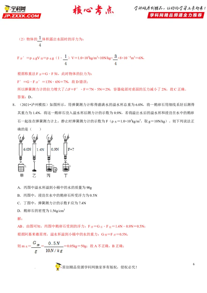专题19阿基米德原理与浮力计算（解析版）-2022年中考物理二轮专项复习核心考点突破与必刷题型汇编（全国通用）_8、物理总复习_8.中考物理总复习_2022年中考复习资料