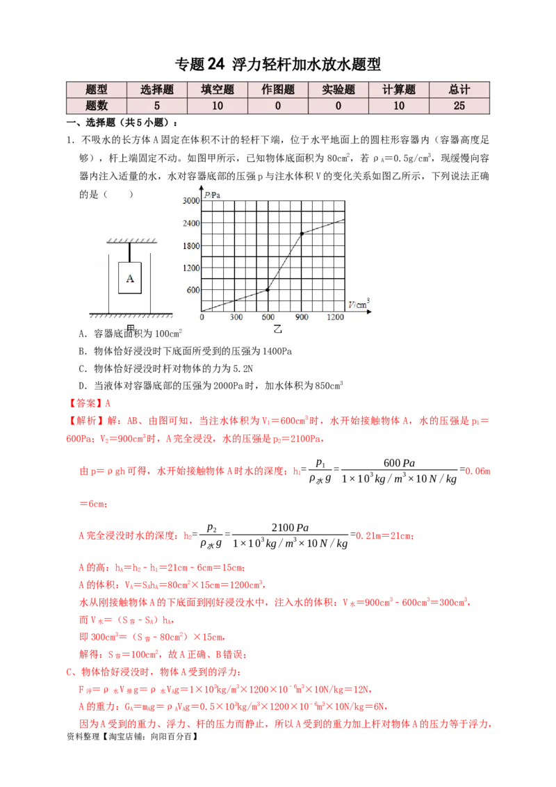 专题24浮力轻杆加水放水题型（知识点复习+例题讲解+过关练习）-备战2023年中考物理一轮复习考点帮（解析版）_8、物理总复习_8.中考物理总复习_2023年中考复习资料_一轮复习_解析版