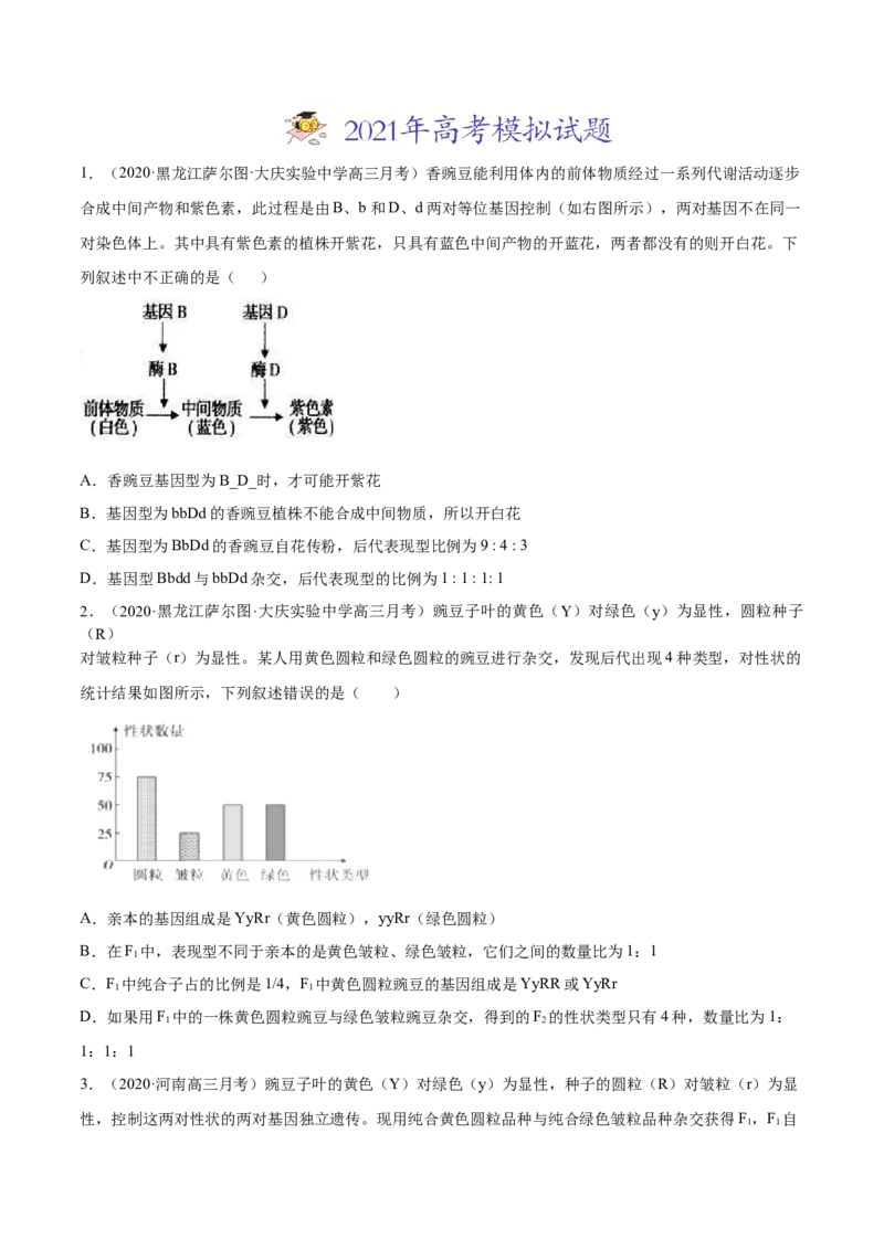 专题08基因的自由组合定律-2021年高考真题和模拟题生物分项汇编（原卷版）_新高考复习资料_2022年新高考复习资料_2021年高考真题和模拟题生物分项汇编7.30更新
