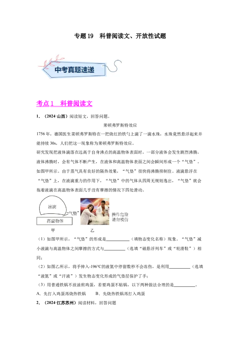 专题19科普阅读文、开放性试题（原卷版）_初物_八年级上下册+九年级全一册物理_八年级物理上册_全套教学资源_课件教案2_中考真题_3.2024年全国中考真题分类汇编