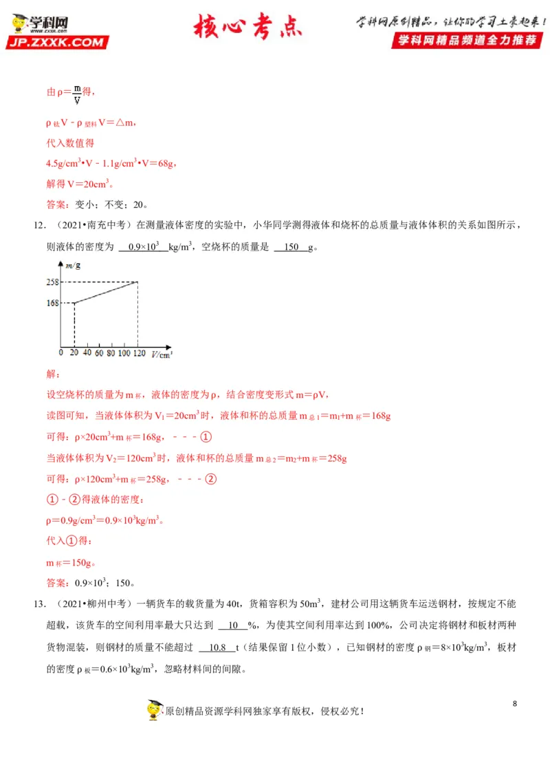 专题11质量测量与密度计算（解析版）-2022年中考物理二轮专项复习核心考点讲解与必刷题型汇编（全国通用）_8、物理总复习_8.中考物理总复习_2022年中考复习资料