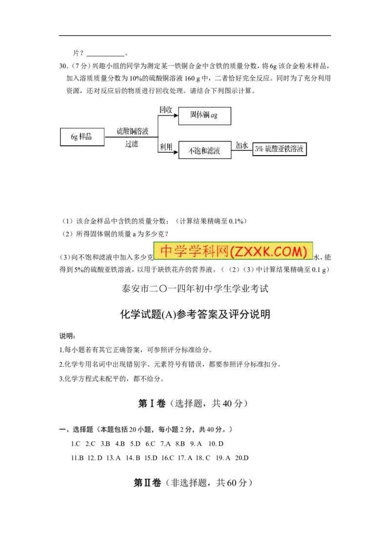 2014山东泰安化学试卷+答案(word整理版)_山东历年中考真题_山东省历年中考真题2013~2024_初中化学历年真题（2013-2024）
