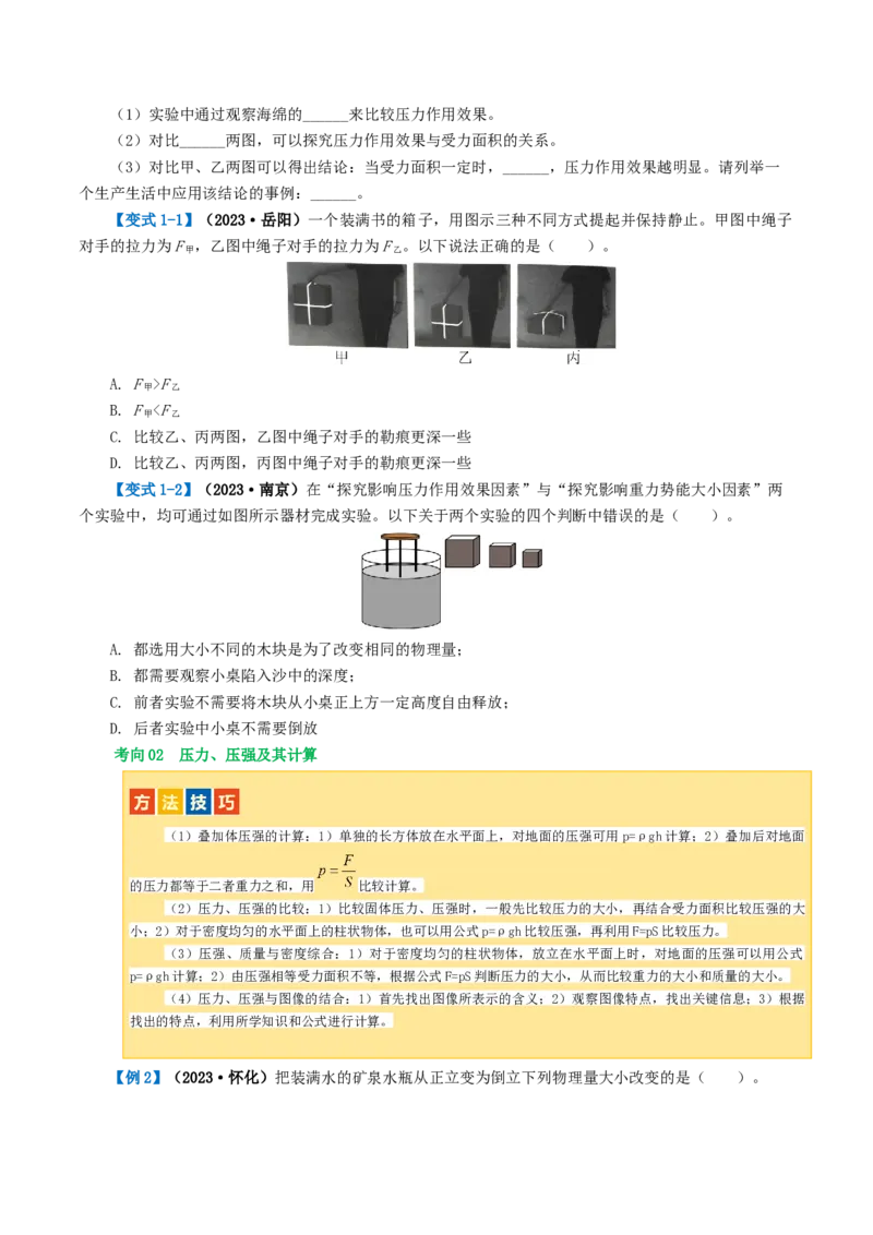 专题10压强（4考点+10考向）（讲义）（原卷版）_8、物理总复习_2024年中考复习资料_一轮复习_课件+讲义+练习2024年中考物理一轮复习讲练测（全国通用）_配套讲义（原卷版+解析版）