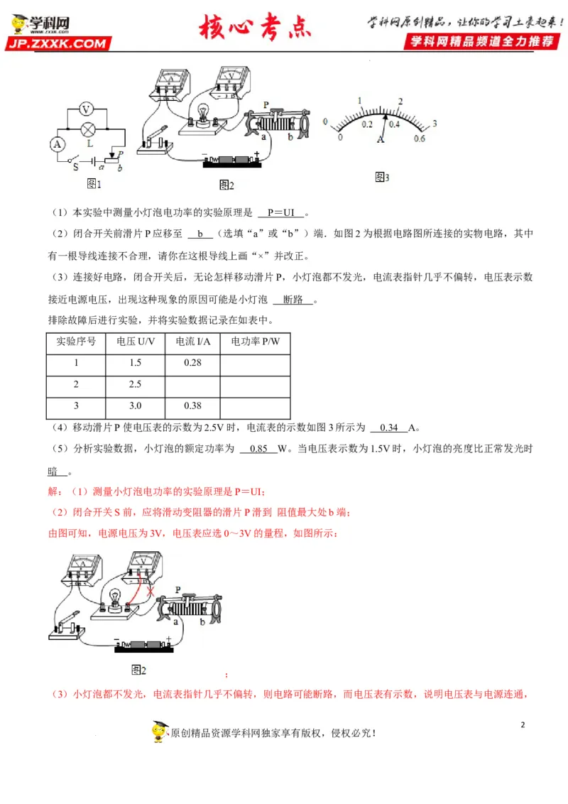 专题37测量小灯泡的电功率（解析版）-2022年中考物理二轮专项复习核心考点讲解与必刷题型汇编（全国通用）_8、物理总复习_8.中考物理总复习_2022年中考复习资料