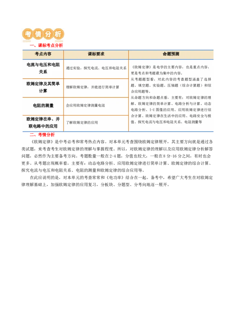 专题16欧姆定律（4考点+9考向）（讲义）（原卷版）_8、物理总复习_8.中考物理总复习_2024年中考复习资料_一轮复习资料_完2024年中考物理一轮复习课件+讲义+练习（全国通用）