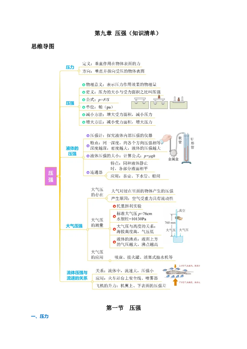 第九章压强（知识清单）学生版_初物_八年级上下册+九年级全一册物理_八年级物理下册_知识清单（更新中）