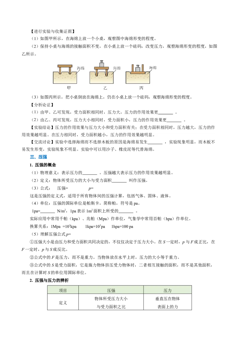第九章压强（知识清单）学生版_初物_八年级上下册+九年级全一册物理_八年级物理下册_知识清单（更新中）