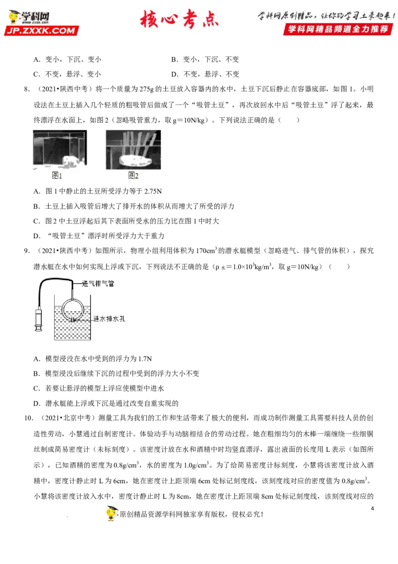 专题20物体浮沉条件及其应用（原卷版）-2022年中考物理二轮专项复习核心考点突破与必刷题型汇编（全国通用）_8、物理总复习_8.中考物理总复习_2022年中考复习资料