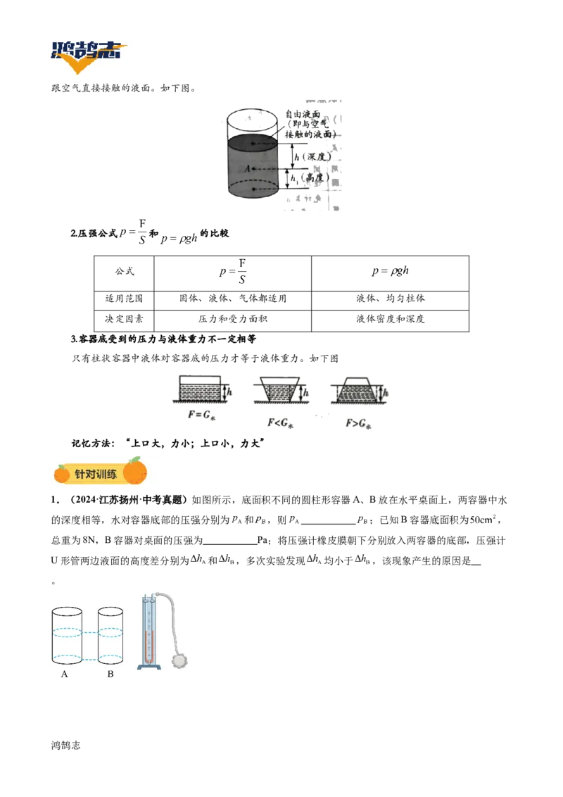 专题10压强（讲义）（原卷版）_8、物理总复习_《2025年中考复习讲义》物理