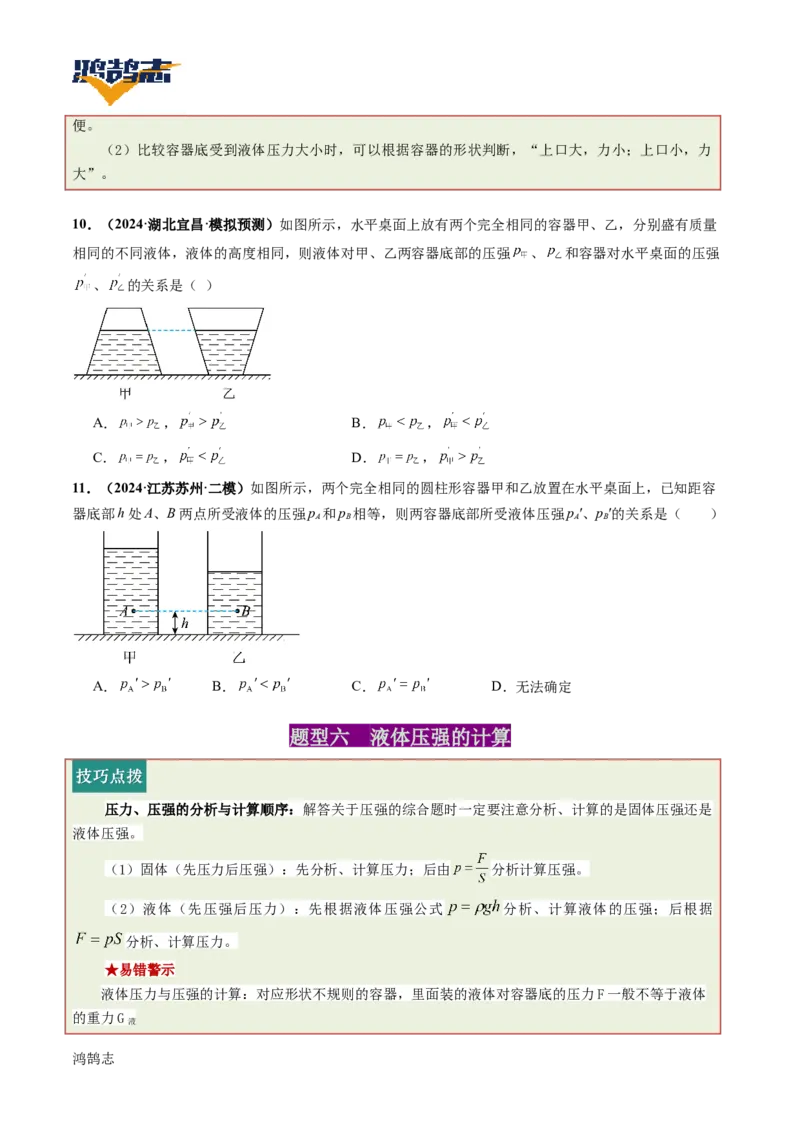 专题10压强（讲义）（原卷版）_8、物理总复习_《2025年中考复习讲义》物理