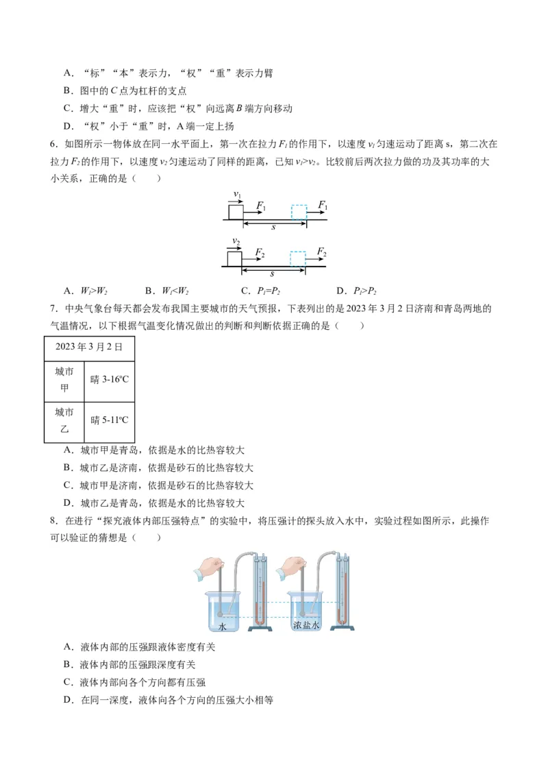物理（山东卷）（考试版A4）_8、物理总复习_2024中考模拟题物理_一模_物理（山东济南卷）-2024年中考第一模拟考试_物理（山东卷）-2024年中考第一模拟考试