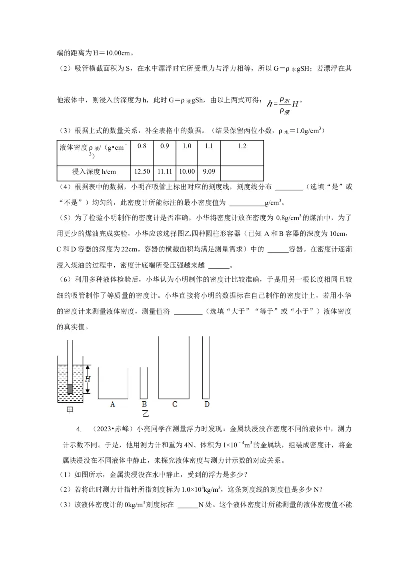 专题7物体浮沉条件浮力应用：浮力秤密度计（原卷版）_8、物理总复习_2024年中考复习资料_二轮复习_2024年中考物理二轮专项复习核心考点讲解与必刷题型汇编