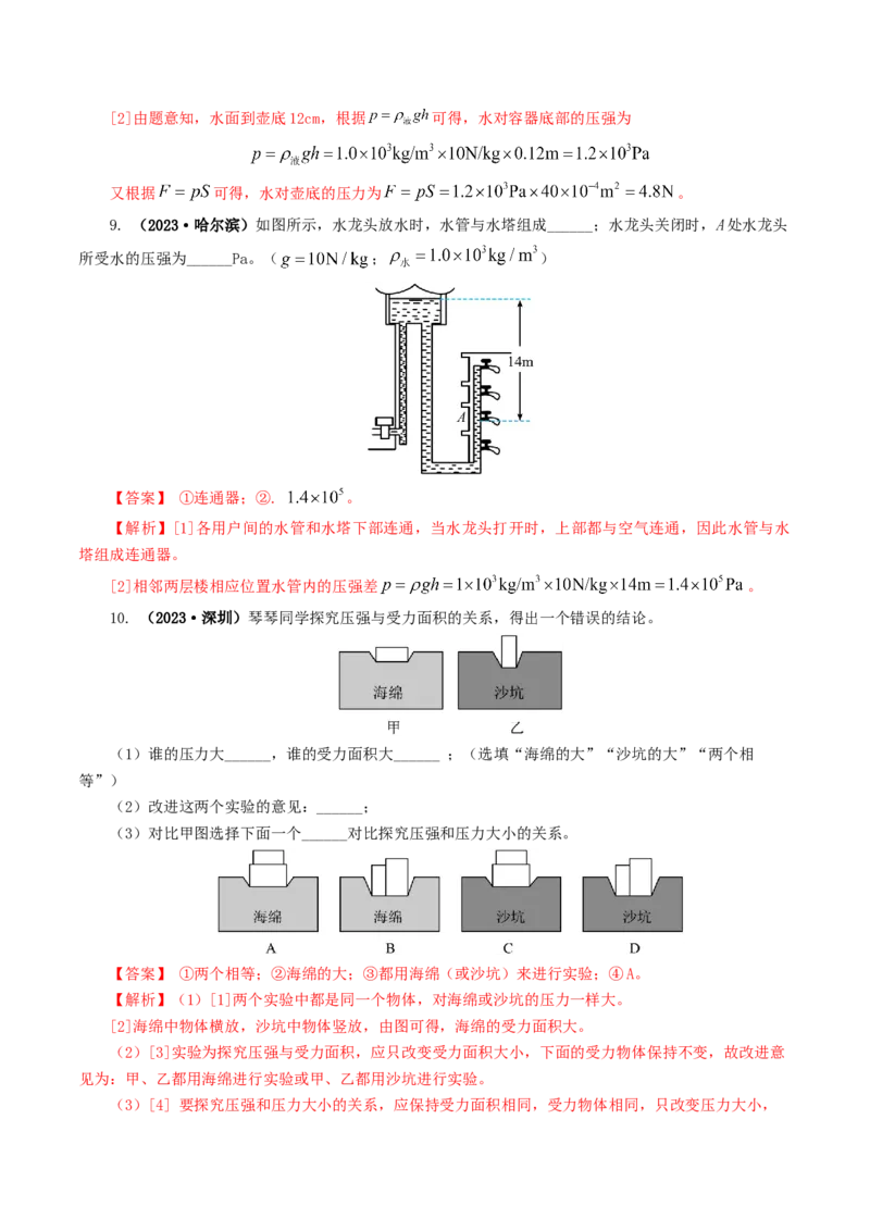 专题10压强（8题型）（练习）（解析版）_8、物理总复习_8.中考物理总复习_2024年中考复习资料_一轮复习资料_完2024年中考物理一轮复习课件+讲义+练习（全国通用）