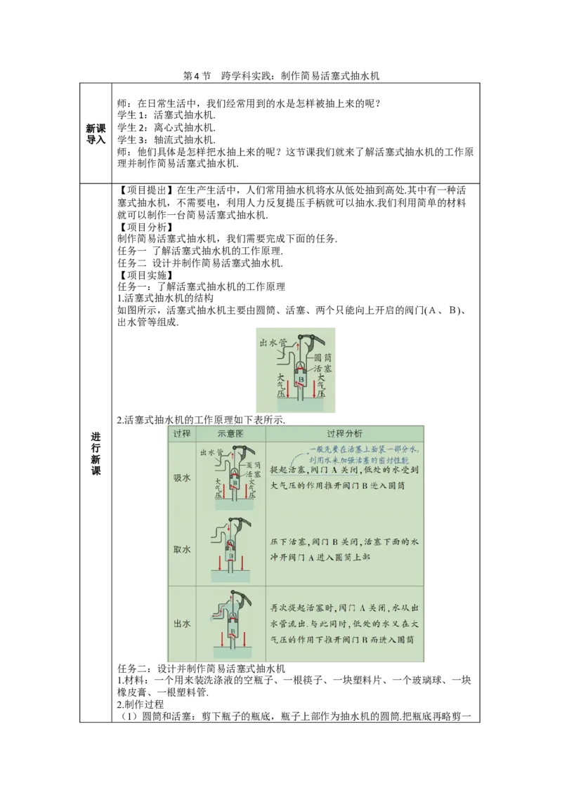 第4节跨学科实践：制作简易活塞式抽水机_初物_八年级上下册+九年级全一册物理_八年级物理下册_全套教学资源_课件教案教学反思_教案_第九章压强