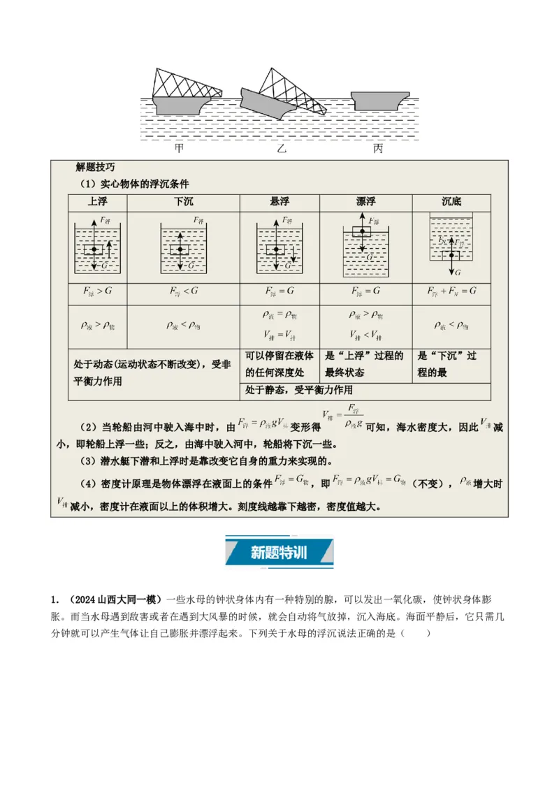 专题10浮力及浮沉条件的应用（考情聚焦+中考新考法+真题透视3大考向+新题特训）（原卷版）_8、物理总复习_2025年中考复习资料_备战2025年中考物理真题题源讲义（全国通用）
