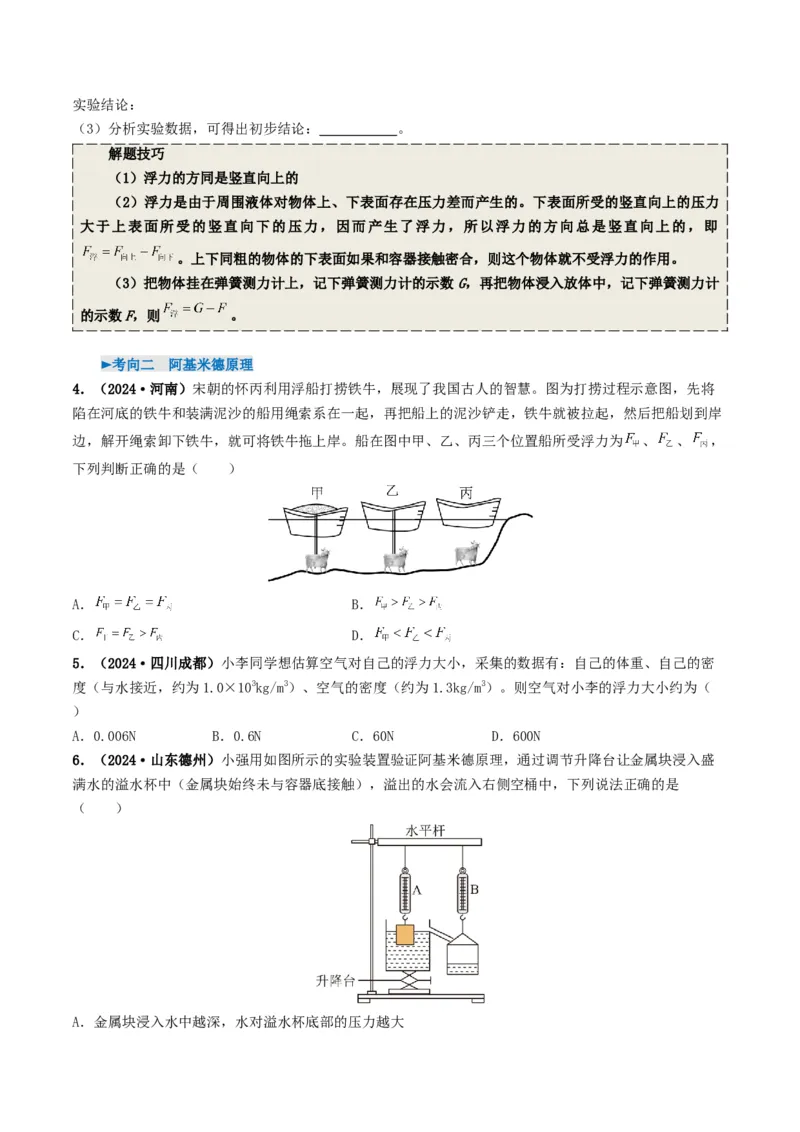专题10浮力及浮沉条件的应用（考情聚焦+中考新考法+真题透视3大考向+新题特训）（原卷版）_8、物理总复习_2025年中考复习资料_备战2025年中考物理真题题源讲义（全国通用）