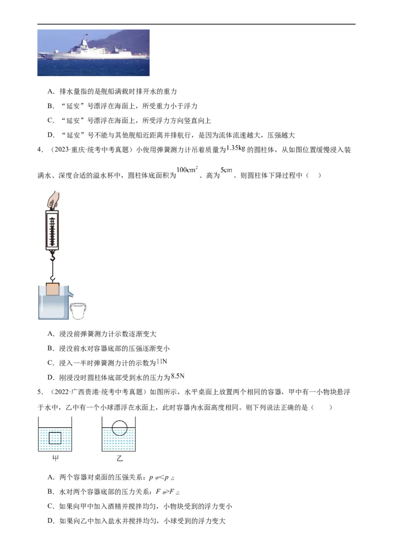 浮力和压强综合专项训练（学生版）_8、物理总复习_8.中考物理总复习_2024年中考复习资料_专项复习资料_完三年（2021&mdash;2023）中考真题分项精编（全国通用）_专项训练