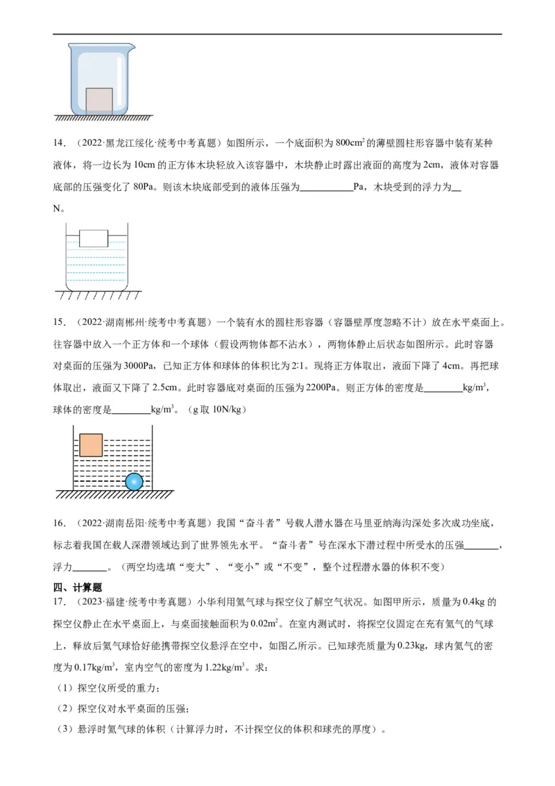 浮力和压强综合专项训练（学生版）_8、物理总复习_8.中考物理总复习_2024年中考复习资料_专项复习资料_完三年（2021&mdash;2023）中考真题分项精编（全国通用）_专项训练