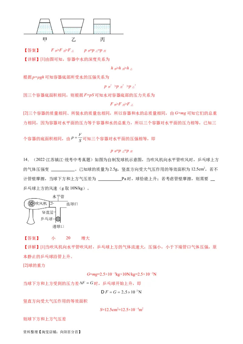 专题9压强《压强》章末综合训练（教师版）_8、物理总复习_2024年中考复习资料_专项复习资料_完三年（2021&mdash;2023）中考真题分项精编（全国通用）